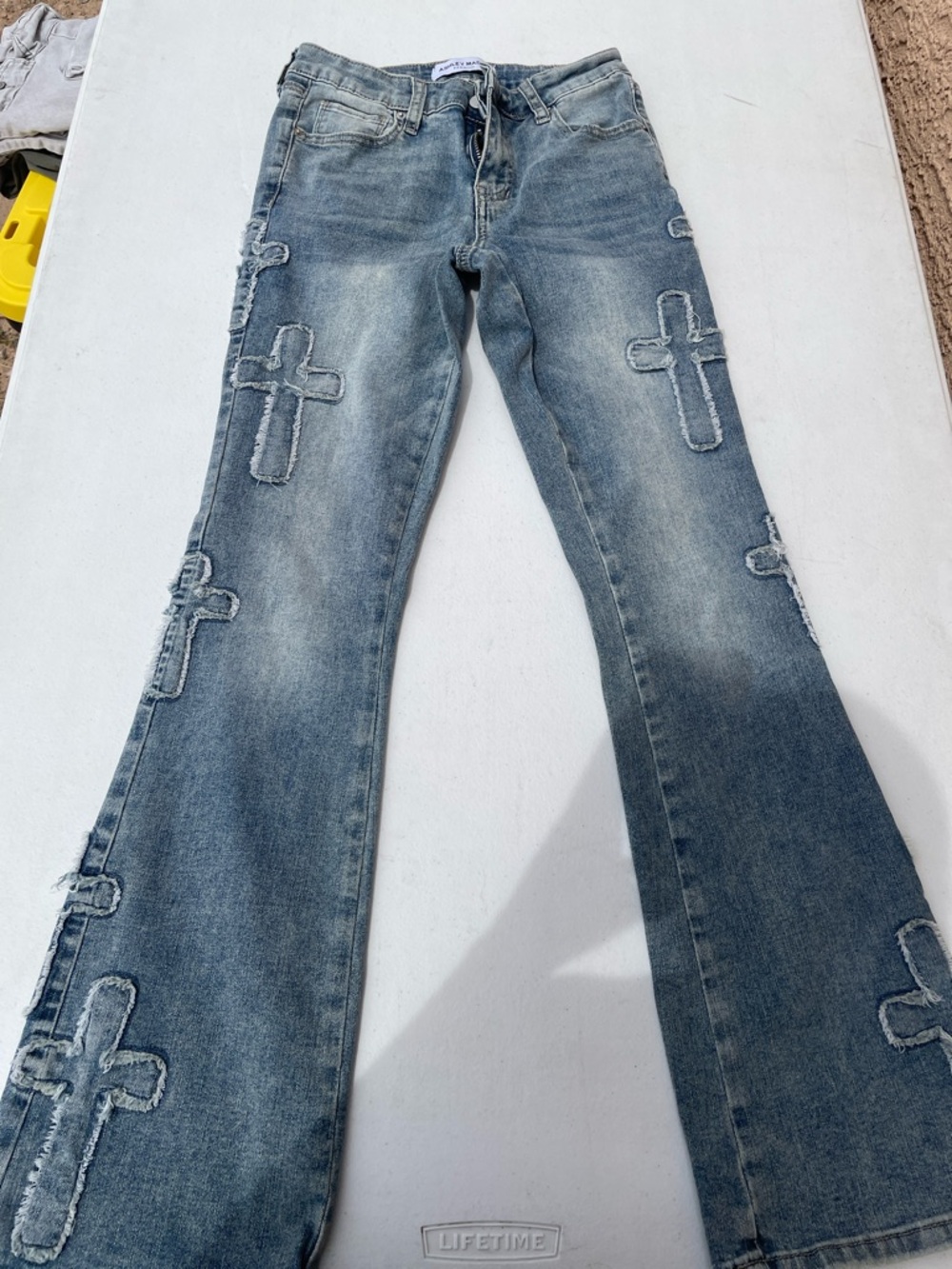 Ashley Mason Distressed Cross Appliqué Flare Jeans - Light Blue